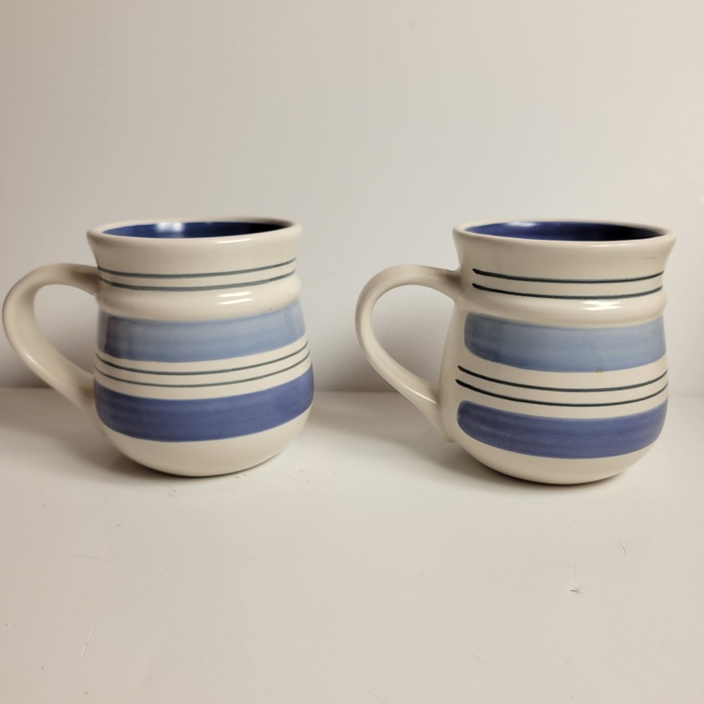 Pfaltzgraff Rio Mug Set 2 Blue Cream Striped Stoneware Excellent Condition